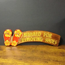 20" Carved 3D Painted Wood Sign Plaque Mahalo For Removing Shoes Red Flip Flops