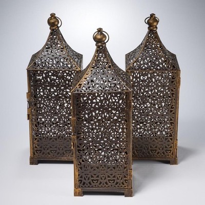 Morrocan Style Pierced Metal Moorish Box Candle Holder Garden Lantern 3pc Lot