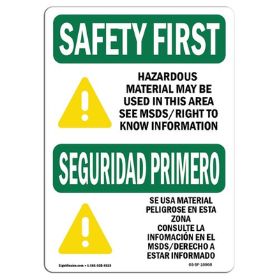 #ad OSHA Safety First Sign Hazardous Material Used Bilingual Rigid Plastic Si... $47.13