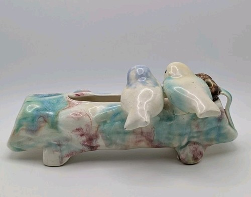 Vintage Ceramic Bird Log Vase Planter Japan Style Pastel Glaze 1940s 12cm - Picture 2 of 8