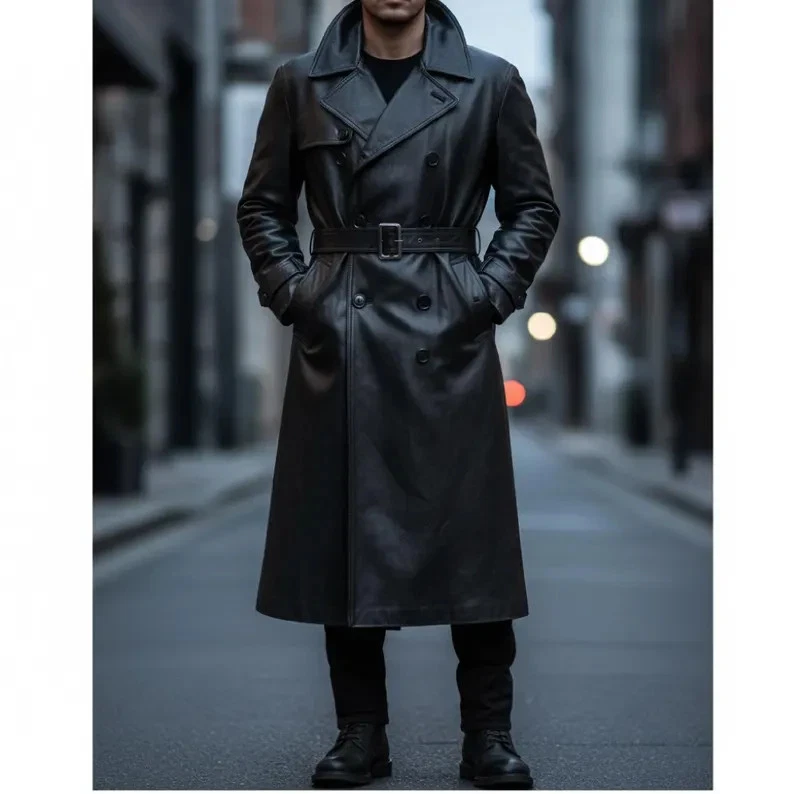 Men's Full-Length Black Real Leather Trench Coat Classic Double-Breasted
Opens in a new window or ta