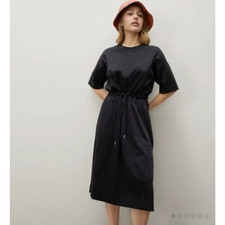 Everlane Womens The Luxe Cotton Tee Dress XXS Black Short Sleeve Tie Front NWT