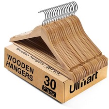 Ulimart 30-Pack Wooden Hangers, Solid Wood with Bar for Closet
