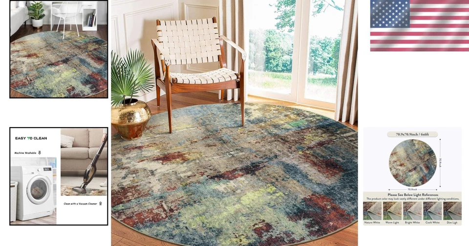 Alfombra redonda moderna lavable a máquina de 6 pies - Diseño abstracto colorido para decoración del hogar Foto 2 de 4