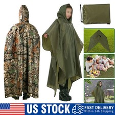 Ripstop Poncho Waterproof Hooded Rain Coat Army Military Camping Hiking Outdoor