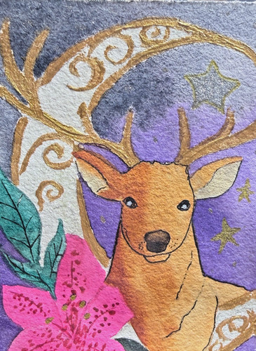 ACEO Original OOAK Signed "A World of Whimsy" Deer & Crescent Moon & lily Art