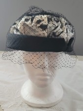 1940's Union Made Black and White Pill Box Hat with Veil