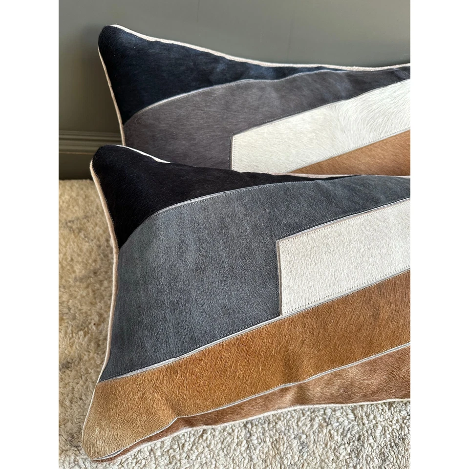 2 CALLISTO pillows set hide on Sand Velvet hide Tan/Cream/Teal/Indigo 22x13 fur - Image 4 of 4