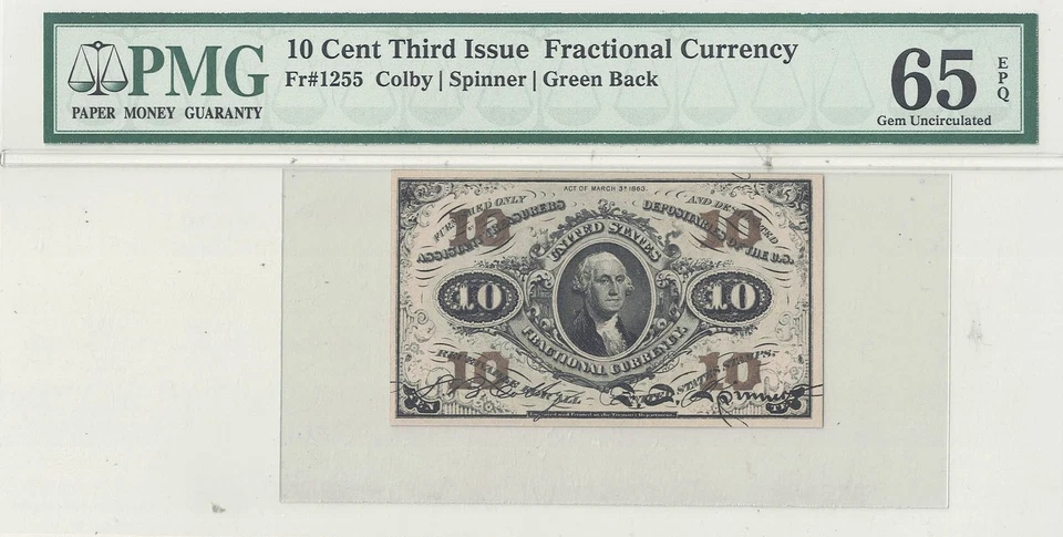 10 Cent 3rd Issue Fractional Currency Fr-1255 PMG Gem CU-65 EPQ - Image 2 of 3