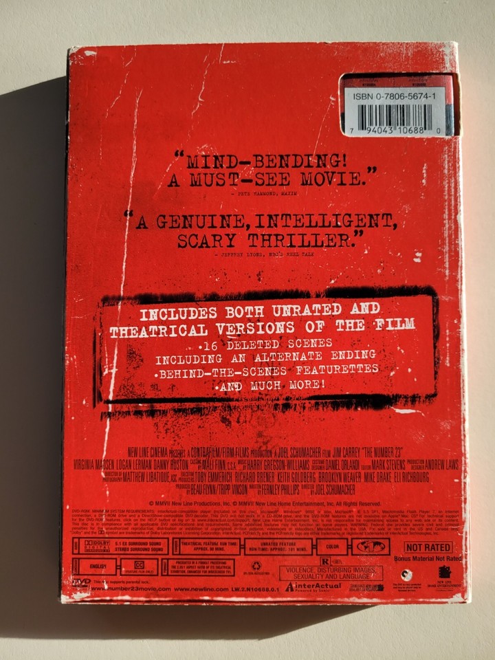 The Number 23 UNRATED DVD 2007 Jim Carrey 16 Deleled Scenes Alt Ending ...
