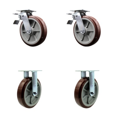 8 Inch Polyurethane Caster Set with Roller Bearing 2 Brakes 2 Rigid SCC