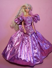 Vtg 90s Barbie Gorgeous Blonde Brass Key Designer Lavender Purple Sequined Dress