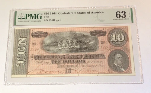 T 68 1864 $10 Ten Dollar CSA Confederate Note PMG 63 EPQ Civil War Note