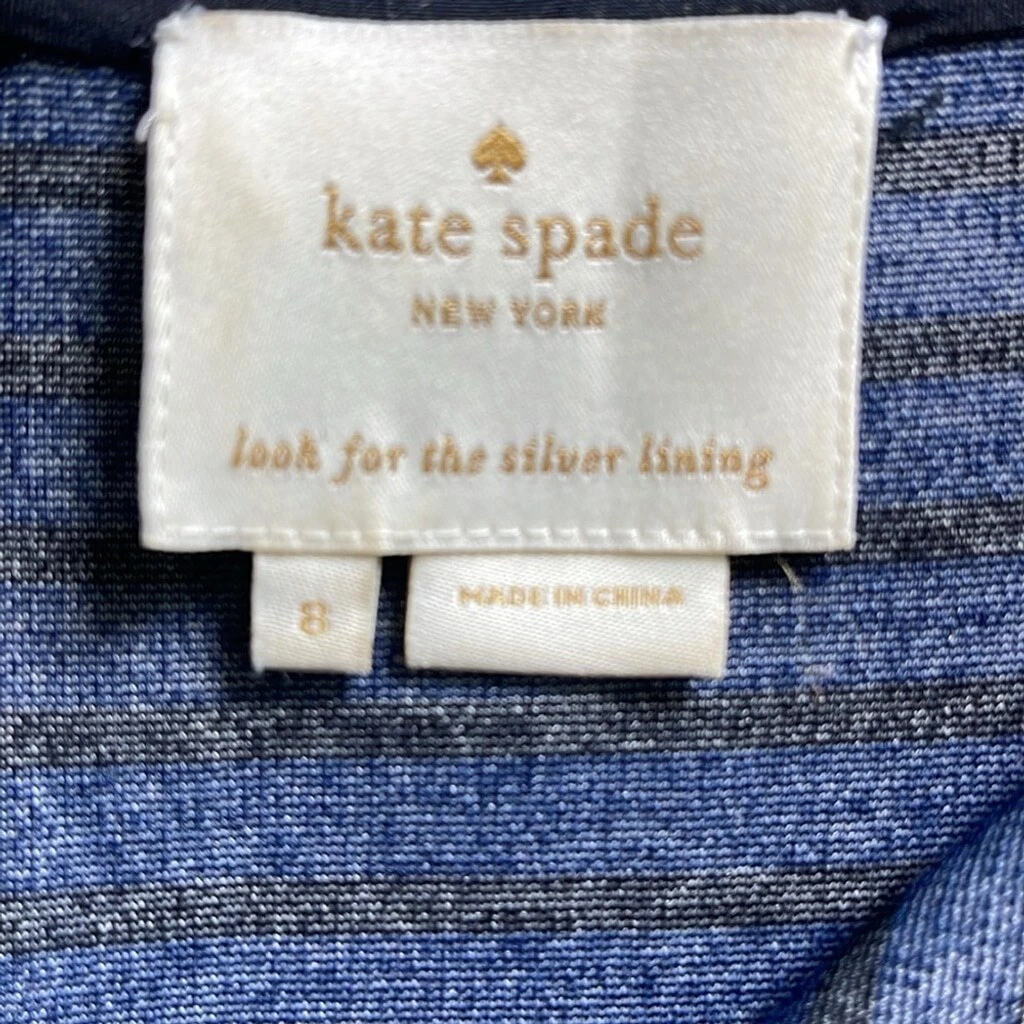 Abito Kate Spade vita scesa taglia 8 blu nero a righe maniche lunghe orlo arricciato