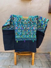 Handwoven Vintage Guatemalan Huipil, Black Base Huipil with Turquoise Accents