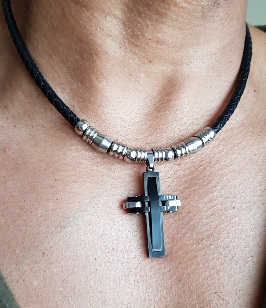 Men's Stainless steel Cross necklace,Black Cross,5mm Thick leather