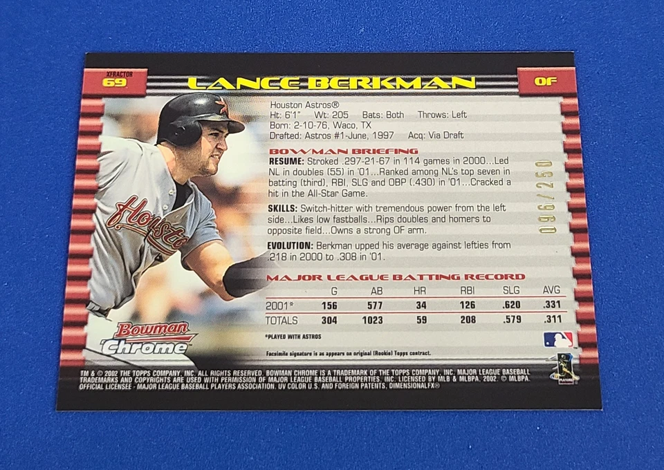 Lance Berkman 096/250 X-Fractor 2002 Bowman Chrome Astros Baseball Card #69 -- g - Image 3 of 4
