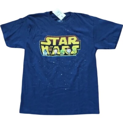 NEW Boys Star Wars T Shirt Large 10 12 Yoda Chewbacca R2D2 C3PO Blue Pixel Jedi