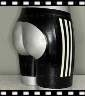 Latex Mens Shorts Boxers Crotch Open Side 3 Striped Deco Customize 0.4mm E96