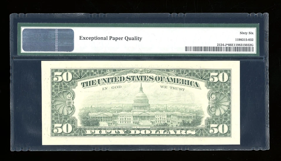 DBR 1990 $50 FRN Kansas City STAR Fr. 2124-J* PMG 66 EPQ Serial J00081328* - Image 2 of 2
