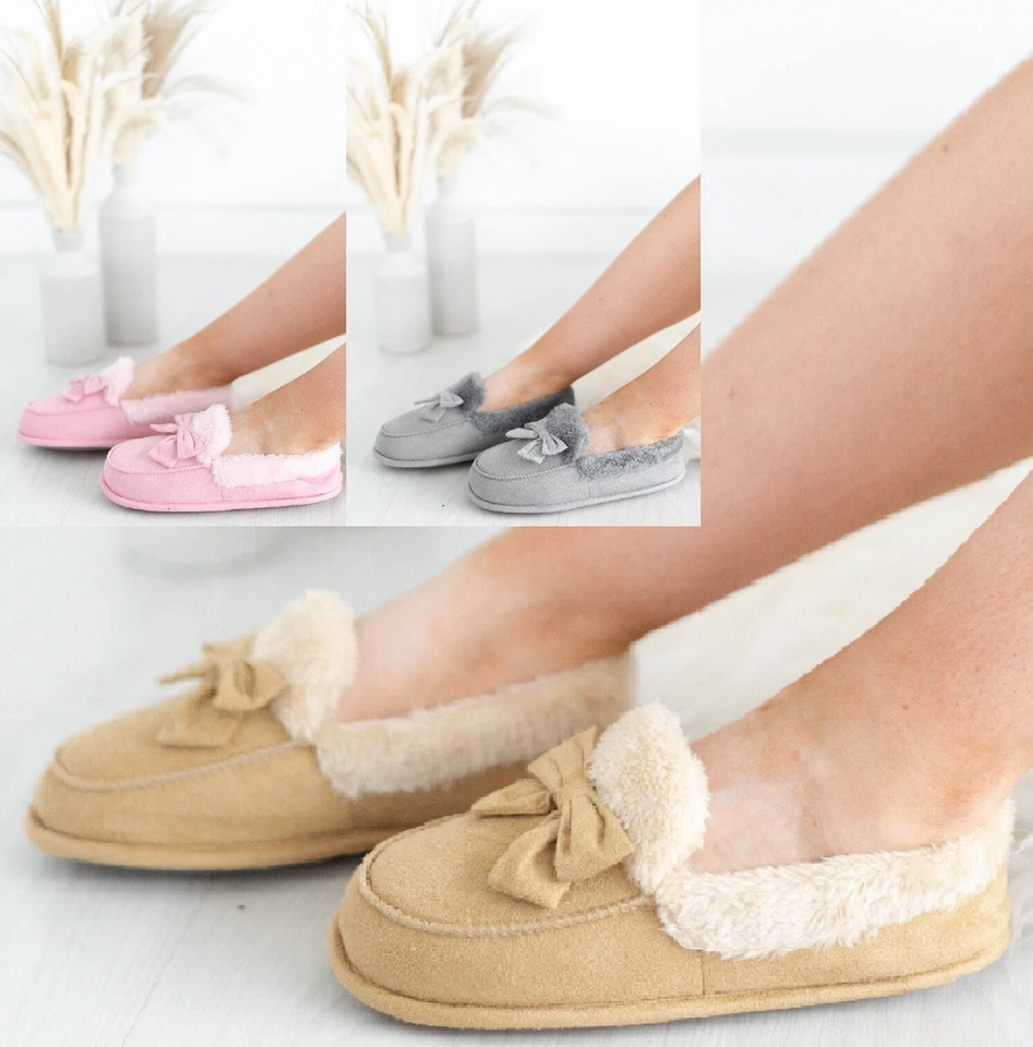 WOMENS LADIES FLAT BEDROOM WARM INDOOR OUTDOOR SOFT MOCCASIN SLIPPERS SHOES SZ