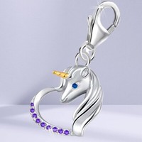 Pferd Einhorn Herz Karabiner Charm 925 Sterling-Silber AnhäNger FüR Armband Lila