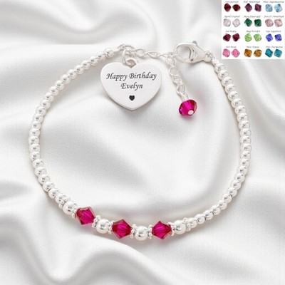Sterling Silber Armband mit Geburtssteinen, Perlen und personalisierter Gravur