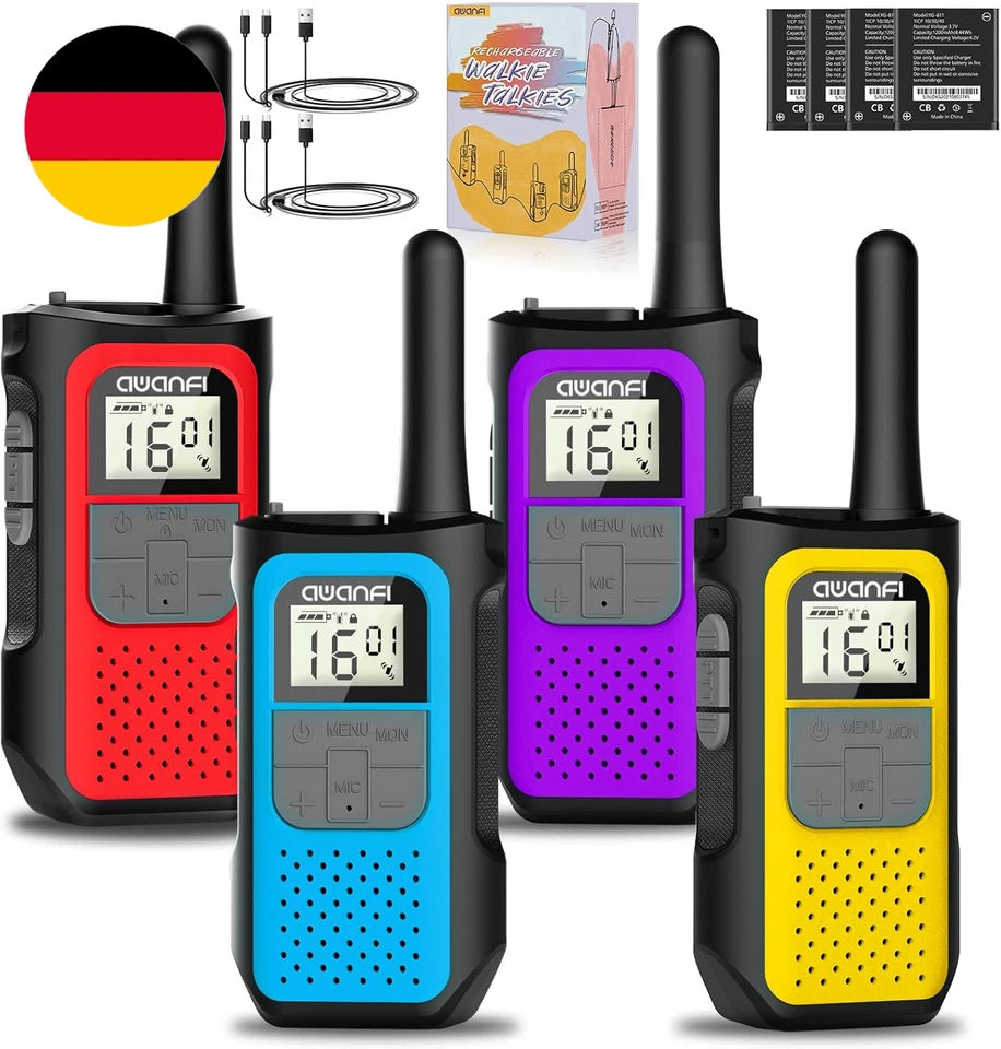 AWANFI Walkie Talkie 4Er Set, Walkie Talkie Aufladbar Für Erwachsene Kinder, 16