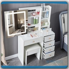 Makeup Vanity Desk Dressing Table With Smart LED Mirror  Stool 6 Drawers Shelf
