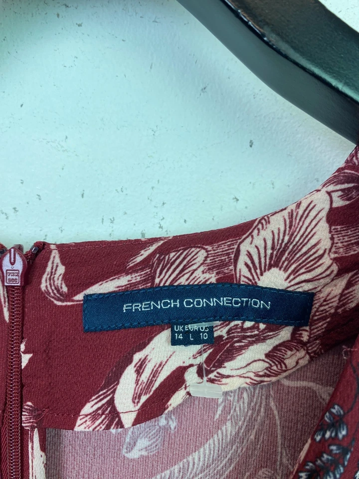 French Connection Burgundy Floral Wrap Dress Ruffle Hem Flare Sleeve UK 14 — 第 3/4 张图片