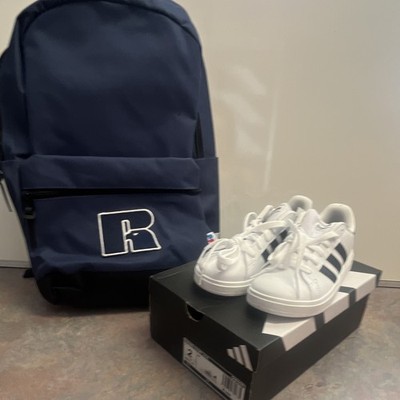 New adidas Grand Court Size 2 Kids + Russell 18'' Backpack School Bundle