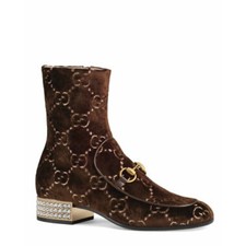 Gucci Velvet GG Monogram Crystal Horsebit Boots Brown Vintage Cocoa size 36.5