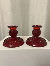 Fenton Ruby Hobnail Candlestick Holders Pair Vintage Art Glass 3.5” Taper Candle