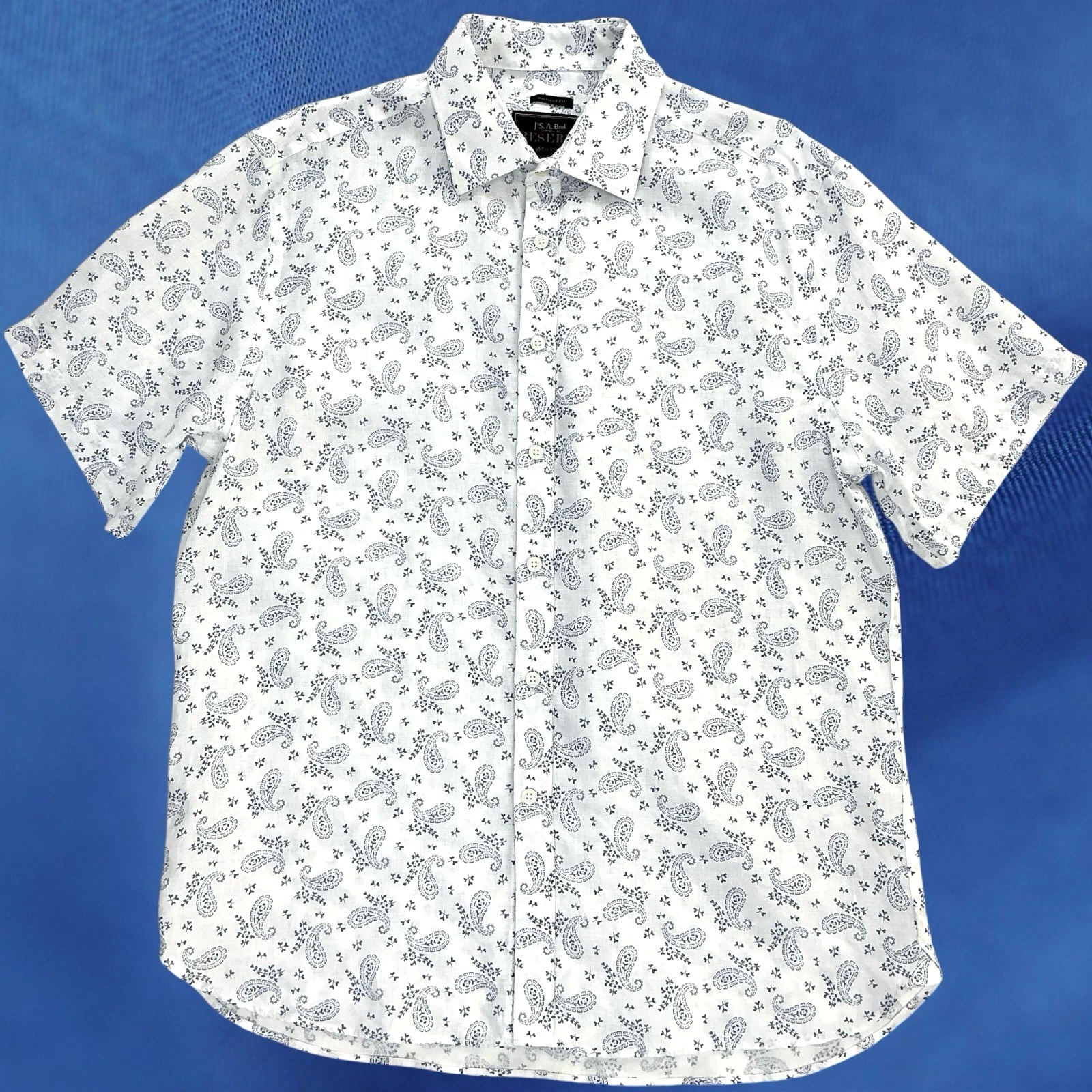 Jos A Bank Reserve Shirt Men L 100% Linen White w/Blue Paisley Tailored Fit SS