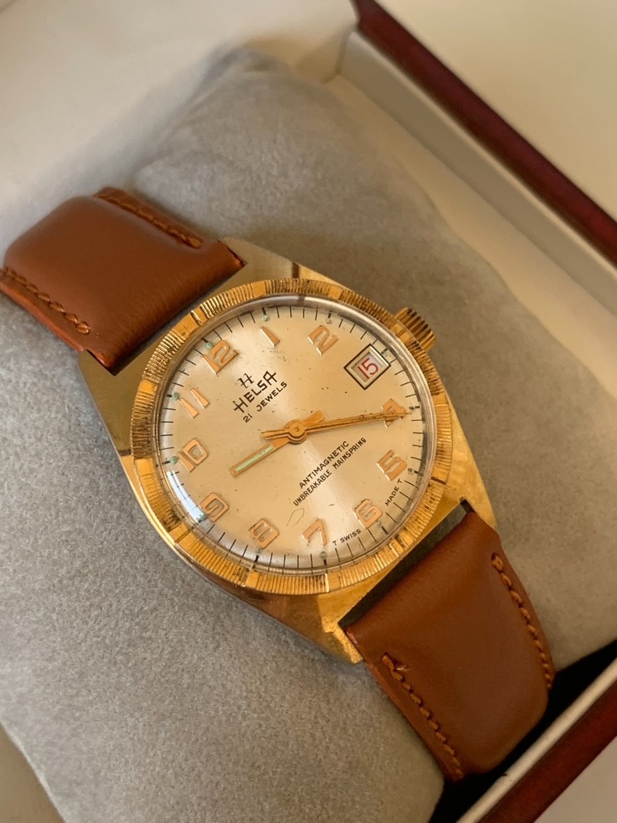1960's Vintage Helsa Watch Art Deco Gents 34mm Unbreakable
