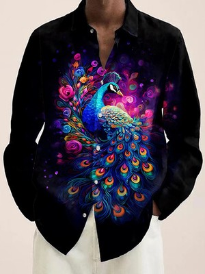 Button Down Shirt Men  Peacock Feather Design Luxury Long Sleeve Button Tops 