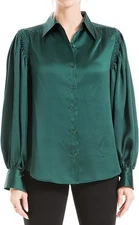 Max Studio $98 Forest Green Satin Long Sleeve Blouse M NWOT Original Sealed Pkg