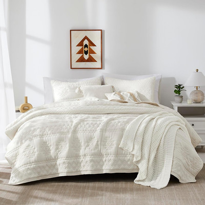 Boho Ivory Quilts Queen Size Bedding Sets with 2 Pillow Shams, Cream White Farmh