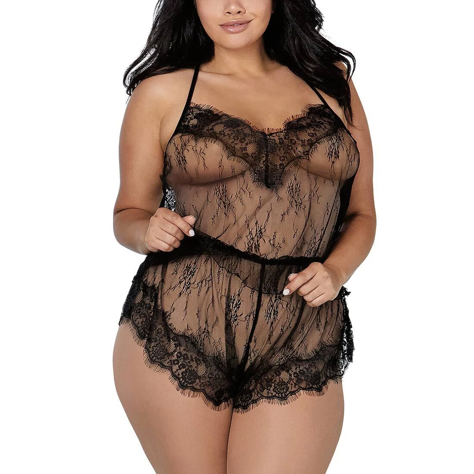 Übergröße Sexy Top-Set XL-3XL Spitze Nachtwäsche Babydoll Dessous Schwarz "X10