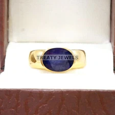 Blue Sapphire Oval Cut With 925 Sterling Silver Gold Plated Ring For Men #B601