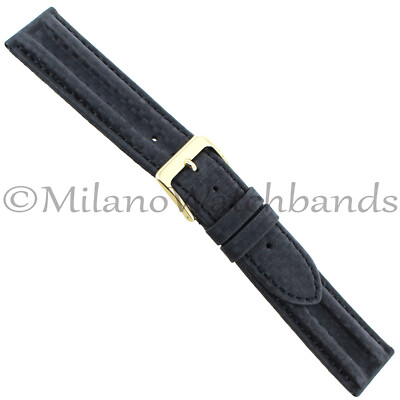 18mm Hirsch Black Double Ridge Carbon Fiber Leather Stitched Mens Watch  Band Reg