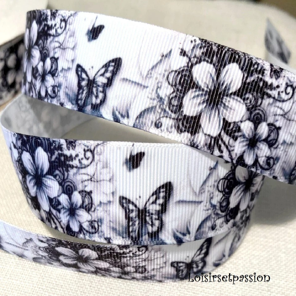 RUBAN GROS-GRAIN IMPRIMÉ - PAPILLON FLEUR NATURE, Noir et Blanc, 25 mm, au mètre