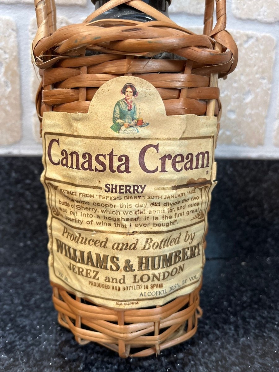 Vtg 1960's Canasta Cream Sherry Bottle In A Handmade Carrying
