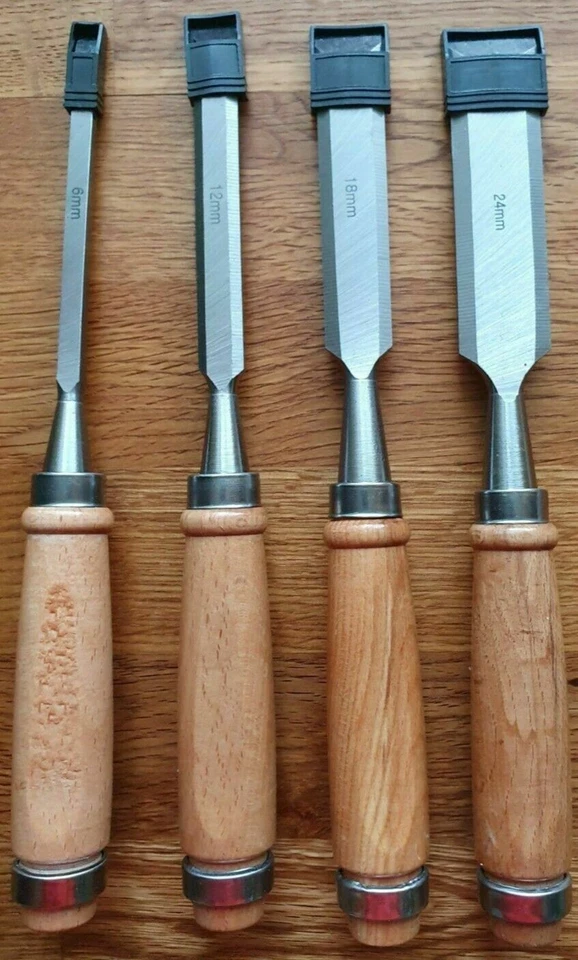 4-tlg Stechbeitel Eisen Satz Set Holzmeißel 6 / 12 / 18 / 24 mm Holzgriff (NEU) - Bild 3 von 3