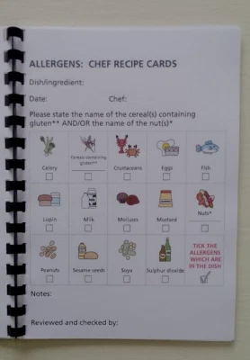 Chef Recipe Cards Allergens Content Food Standard Agency Requirement 50 pages A5