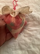 Strawberry Emery ~ Pincushion Sateen Watered Roses On Yellow Lace cap  3-1/2”