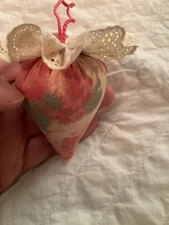 Strawberry Emery ~ Pincushion Sateen Watered Roses On Yellow Lace cap  3-1/2”