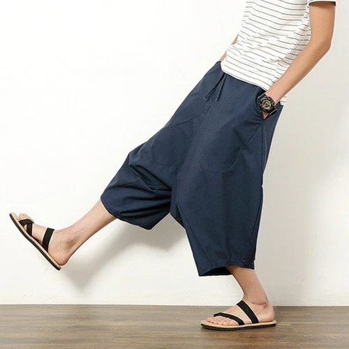 Men Linen Capri Wide Leg Pants Shorts Drop Crotch Harem Trousers Crop Loose - Bild 9 von 23