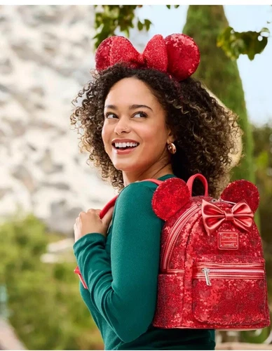 NWT Loungefly Minnie Mouse Red Sequin Mini Backpack & Ear Headband