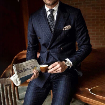 Chic Pinstripe Navy Men Suits Double Breasted Peak Lapel Suit Piece Set  Formal